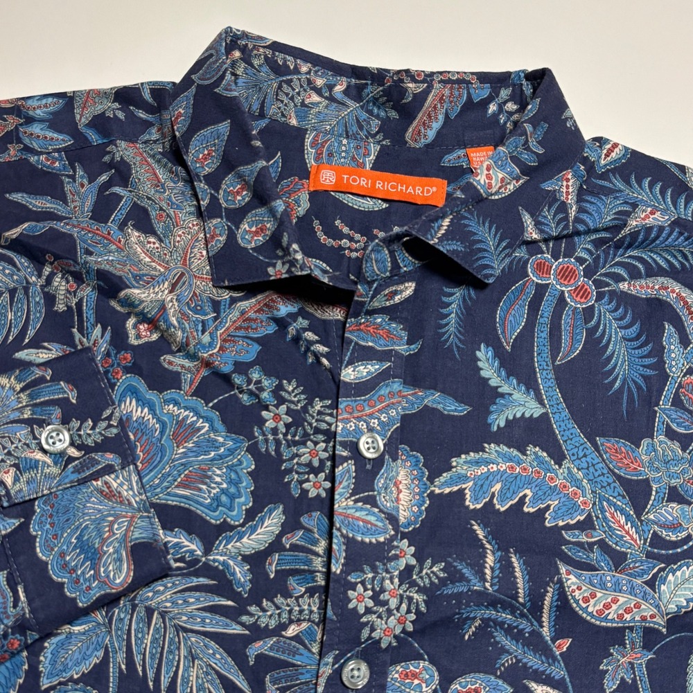 Tori Richard Tropical Paisley‎ Mens M Navy Palm Long Sleeve Hawaiian Aloha Shirt